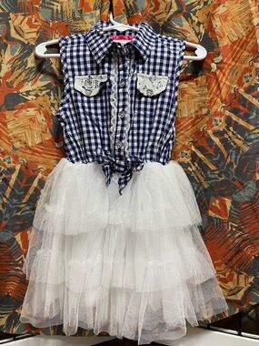 Girls Blue Gingham & White Tulle Dress 3t (worn for one dance recital)